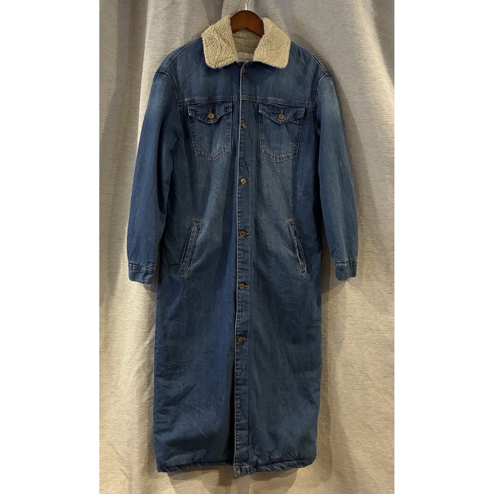 Zara Trafaluc Women Blue Denim Long Coat Faux Shearling Lined Size Small Outdoor